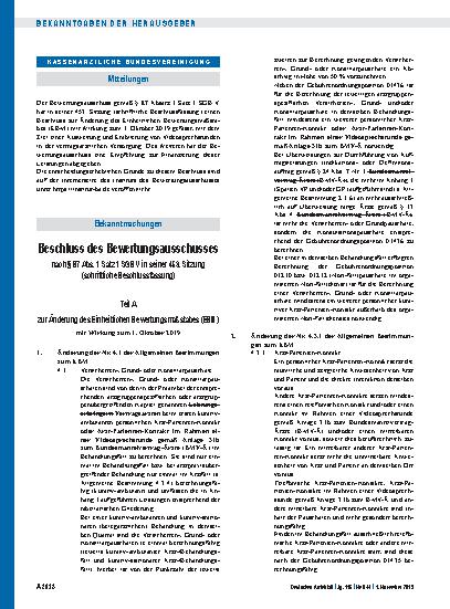 Vorschauseite 1: Beschluss des Bewertungsausschusses nach § 87 Abs. 1 Satz 1 SGB V in seiner 453. Sitzung (schriftliche Beschlussfassung): Teil A, Teil B