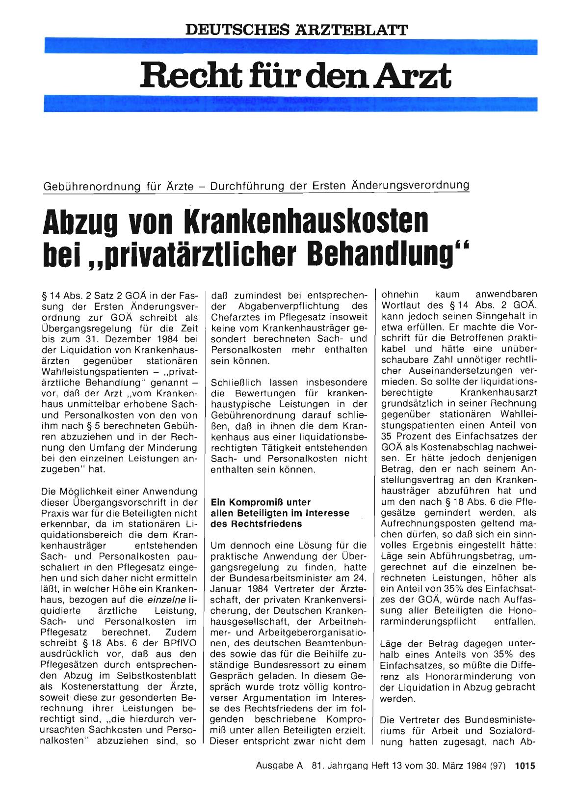 Vorschauseite 1: Gebührenordnung für Ärzte — Durchführung der Ersten Änderungsverordnung Abzug von Krankenhauskosten bei „privatärztlicher Behandlung“