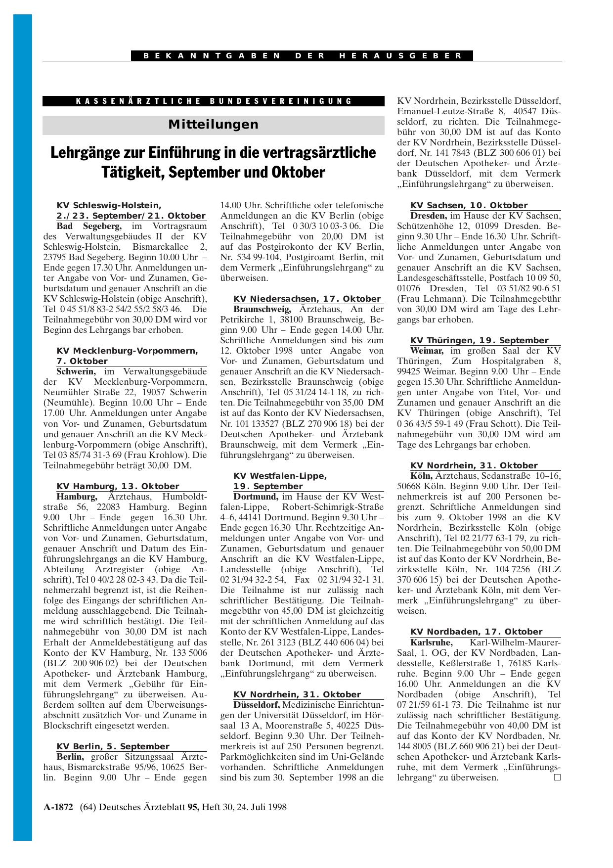 Vorschauseite 1: Lehrgänge zur Einführung in die vertragsärztliche Tätigkeit, September und Oktober