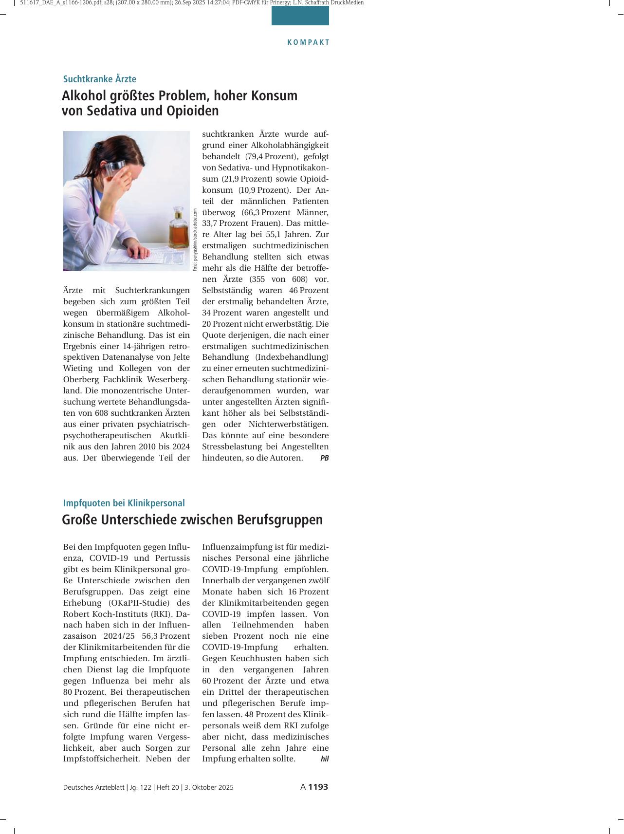 Vorschauseite 1: Suchtkranke Ärzte: Alkohol größtes Problem, hoher Konsum von Sedativa und Opioiden