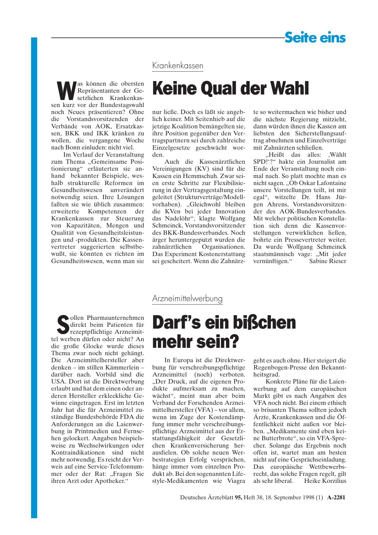 Vorschauseite 1: Krankenkassen: Keine Qual der Wahl