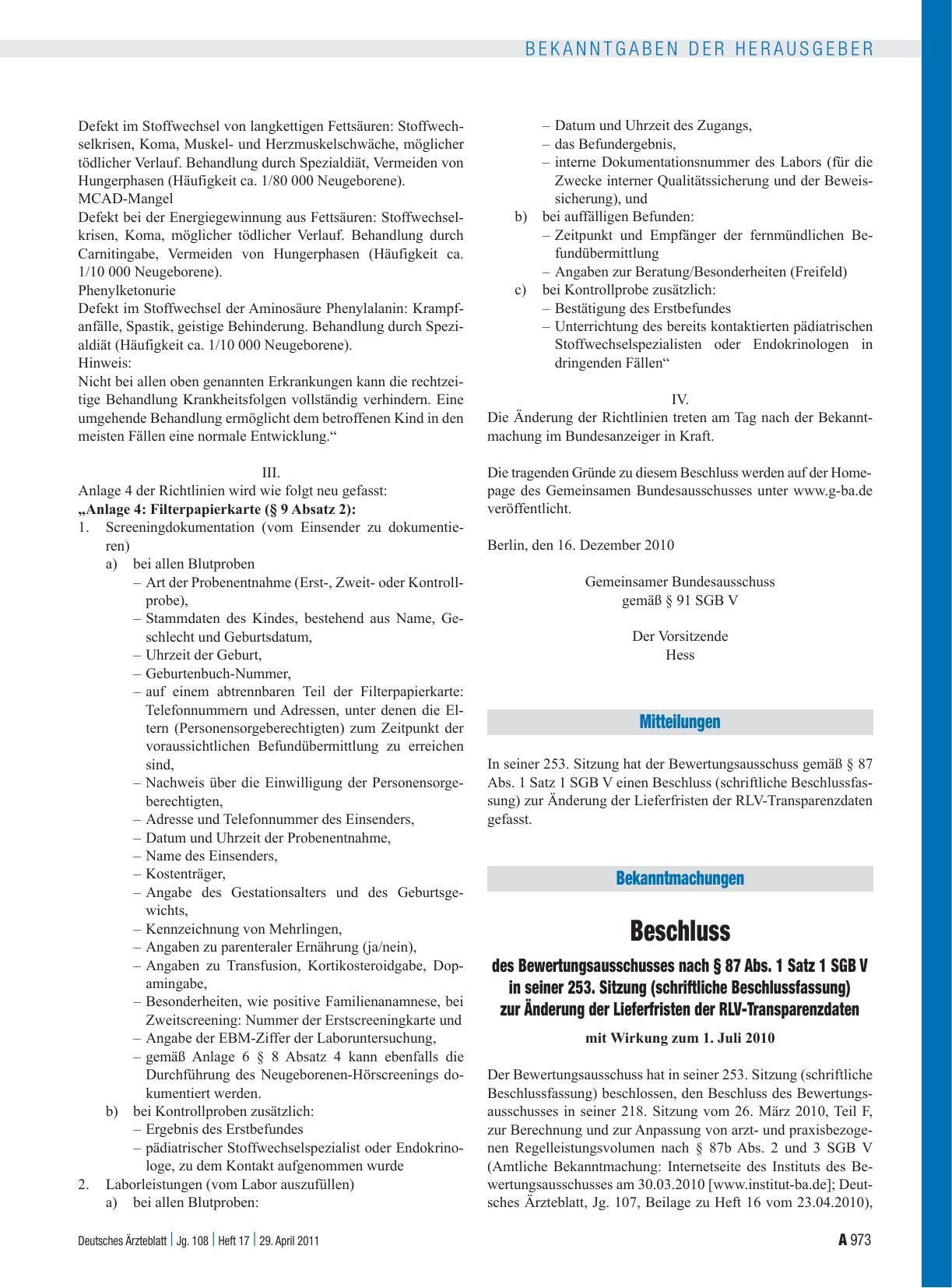 Vorschauseite 1: Beschluss des Bewertungsausschusses nach § 87 Abs. 1 Satz 1 SGB V in seiner 253. Sitzung (schriftliche Beschlussfassung) zur Änderung der Lieferfristen der RLV-Transparenzdaten