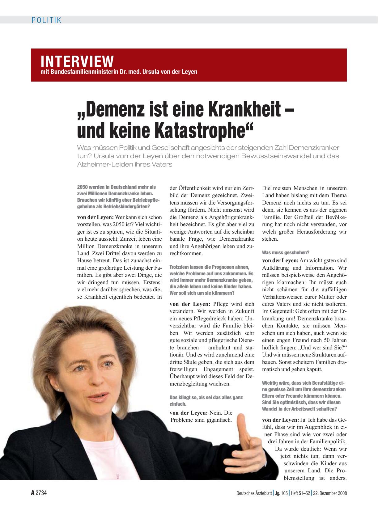 Vorschauseite 1: Interview mit Bundesfamilienministerin Dr. med. Ursula von der Leyen: „Demenz ist eine Krankheit – und keine Katastrophe“