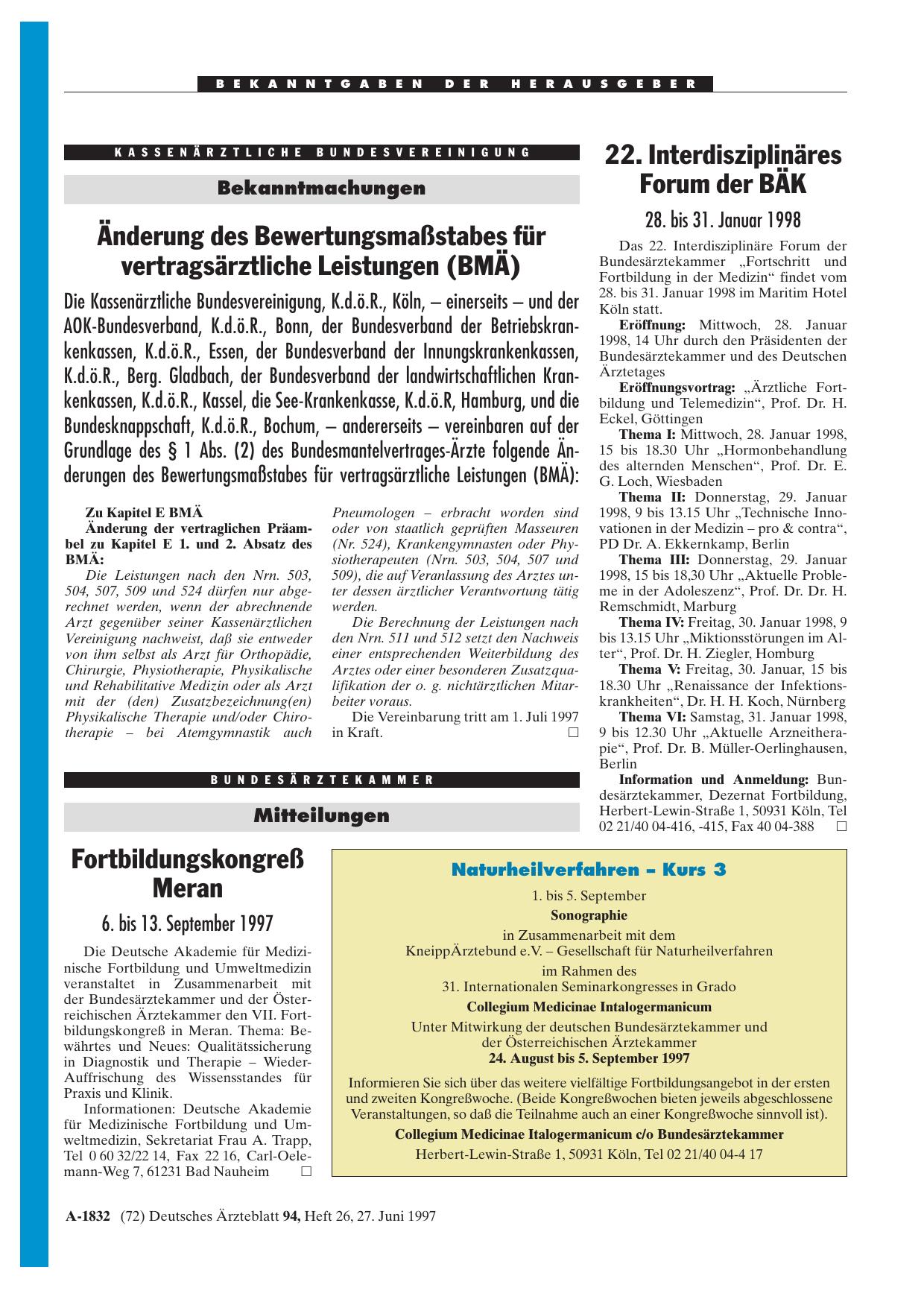 Vorschauseite 1: Bekanntmachungen: Änderung des Bewertungsmaßstabes für vertragsärztliche Leistungen (BMÄ)