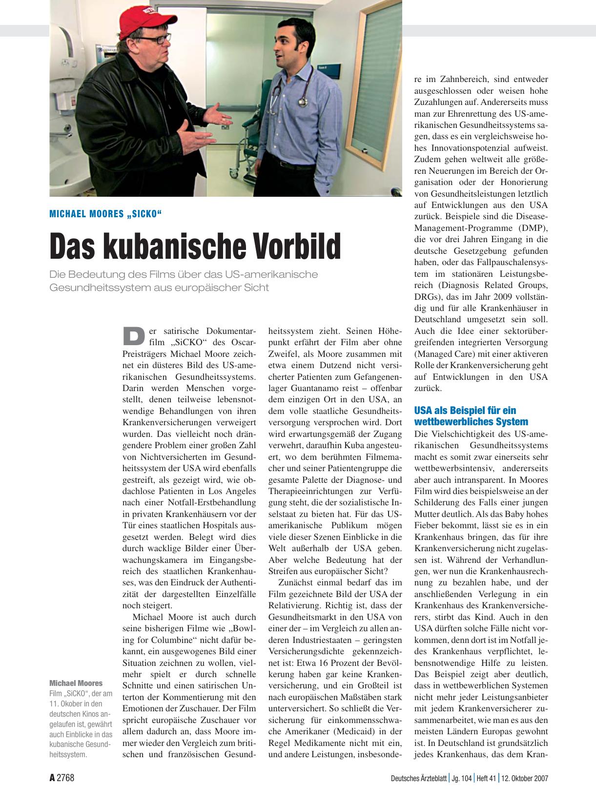 Vorschauseite 1: Michael Moores „Sicko“ Das kubanische Vorbild