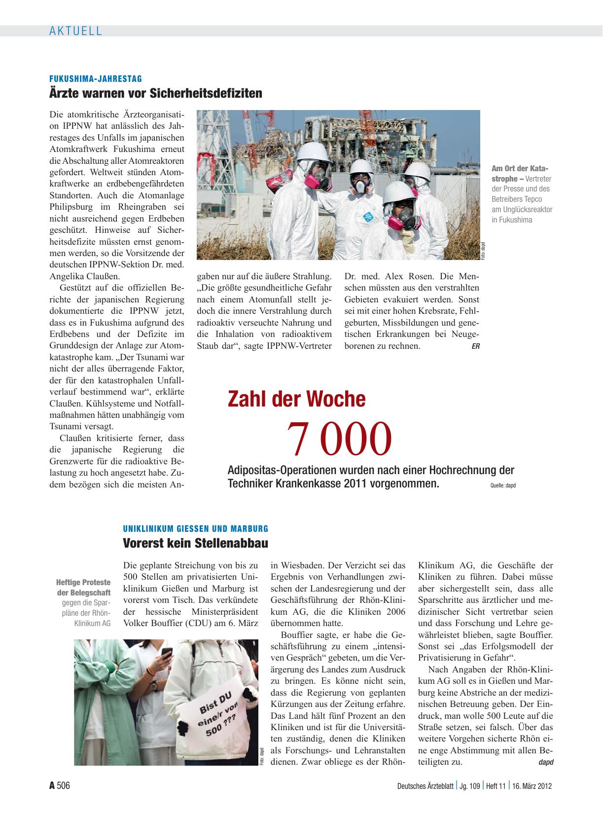 Vorschauseite 1: Fukushima-Jahrestag: Ärzte warnen vor Sicherheitsdefiziten