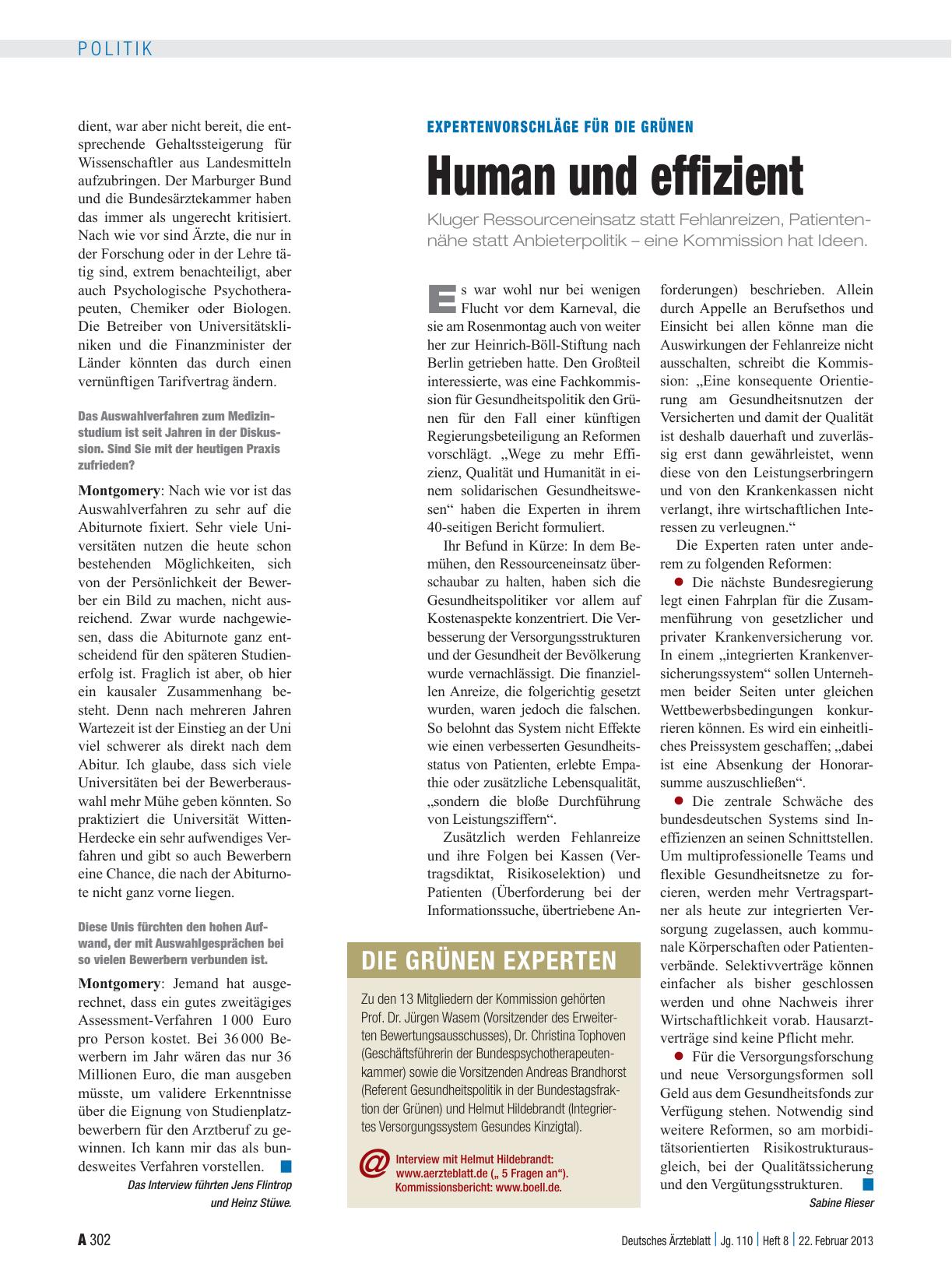 Vorschauseite 1: Expertenvorschläge für die Grünen: Human und effizient
