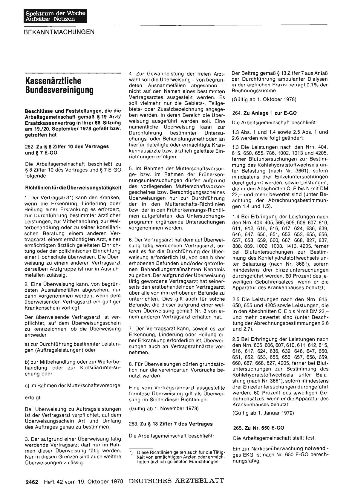 Vorschauseite 1: Kassenärztliche Bundesvereinigung: Beschlüsse und Feststellungen, die die Arbeitsgemeinschaft gemäß § 19 Arzt/ Ersatzkassenvertrag in ihrer 66. Sitzung am 19. /20. September 1978…