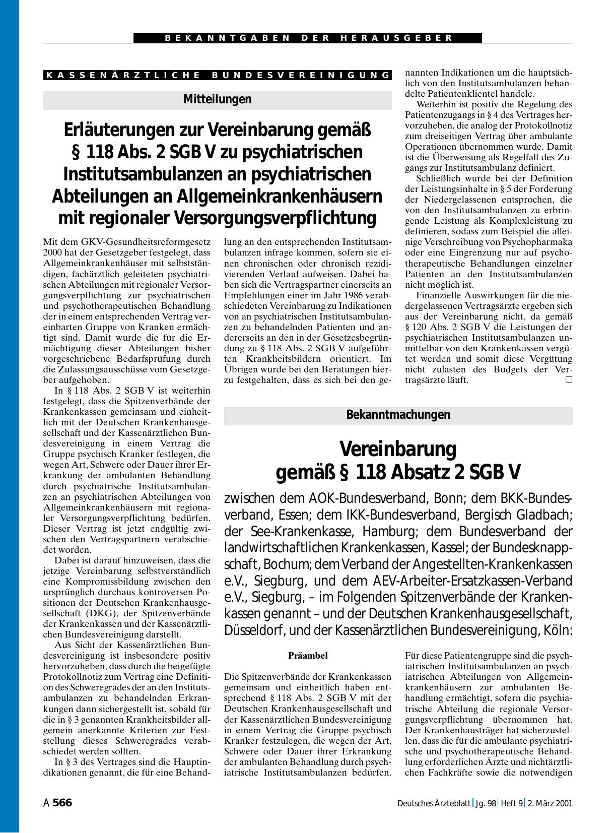 Vorschauseite 1: Bekanntmachungen: Vereinbarung gemäß § 118 Absatz 2 SGB V