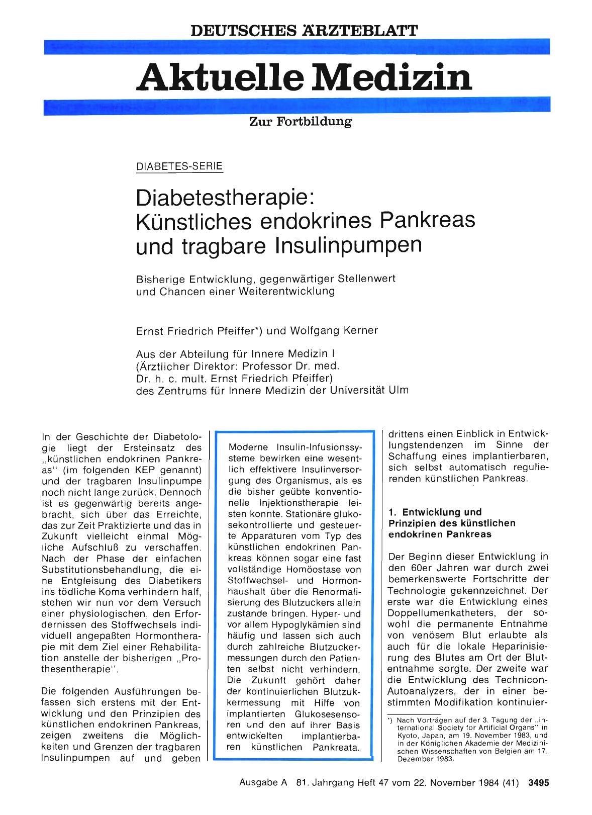 Vorschauseite 1: DIABETES-SERIE: Diabetestherapie: Künstliches endokrines Pankreas und tragbare Insulinpumpen - Bisherige Entwicklung, gegenwärtiger Stellenwert und Chancen einer Weiterentwicklung
