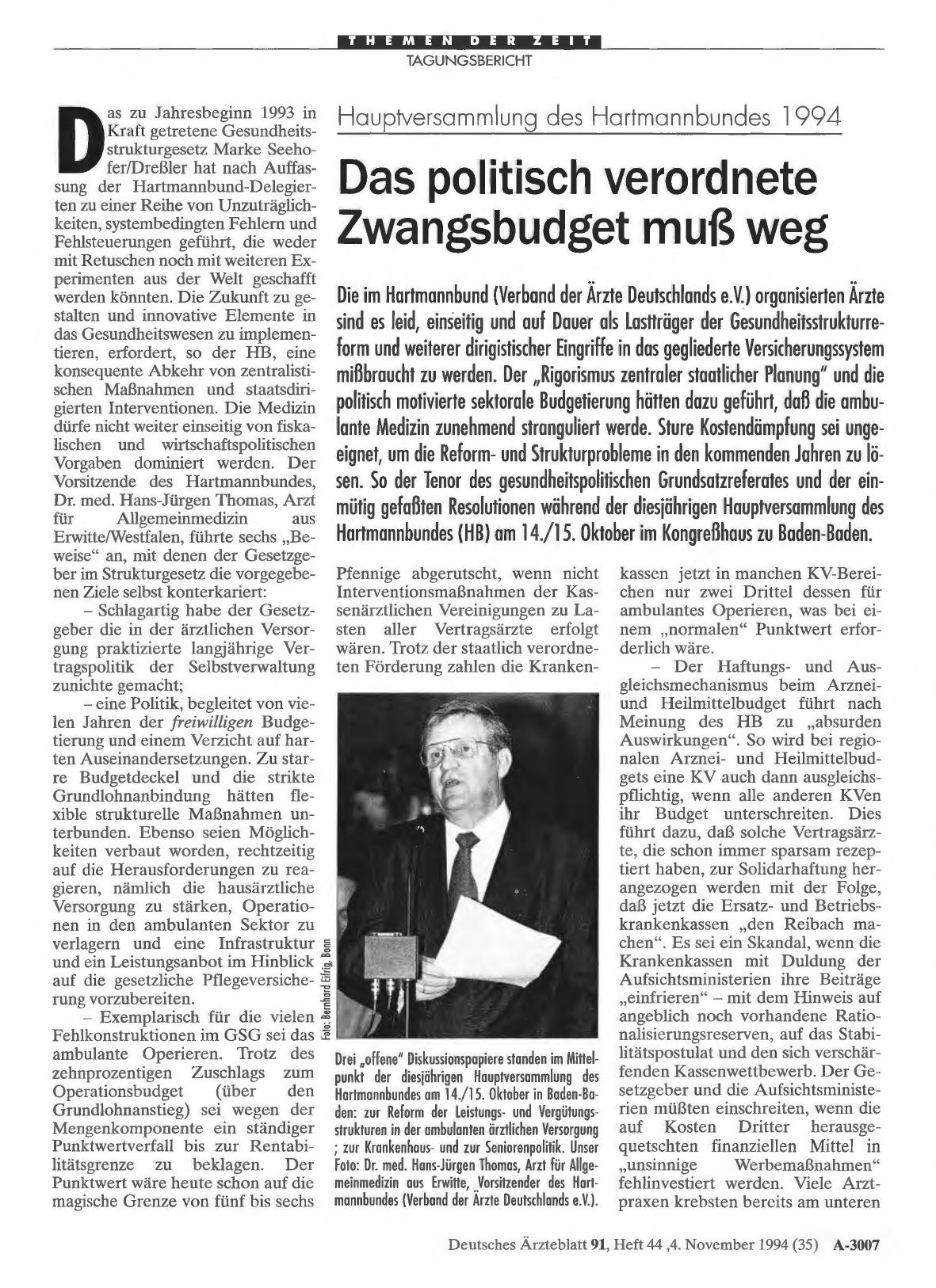 Vorschauseite 1: Hauptversammlung des Hartmannbundes 1994: Das politisch verordnete Zwangsbudget muß weg