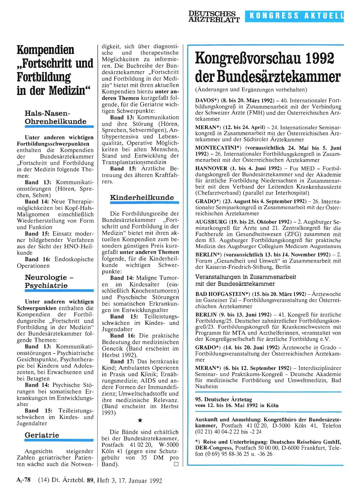 Vorschauseite 1: Kongreßvorschau 1992 der Bundesärztekammer