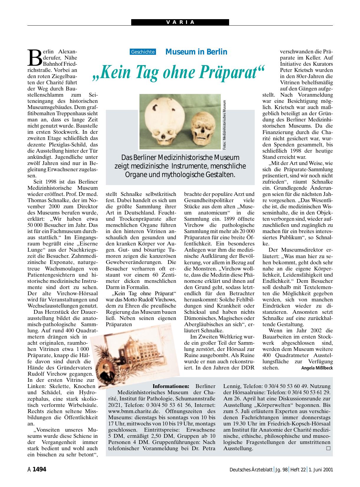 Vorschauseite 1: Museum in Berlin: „Kein Tag ohne Präparat“