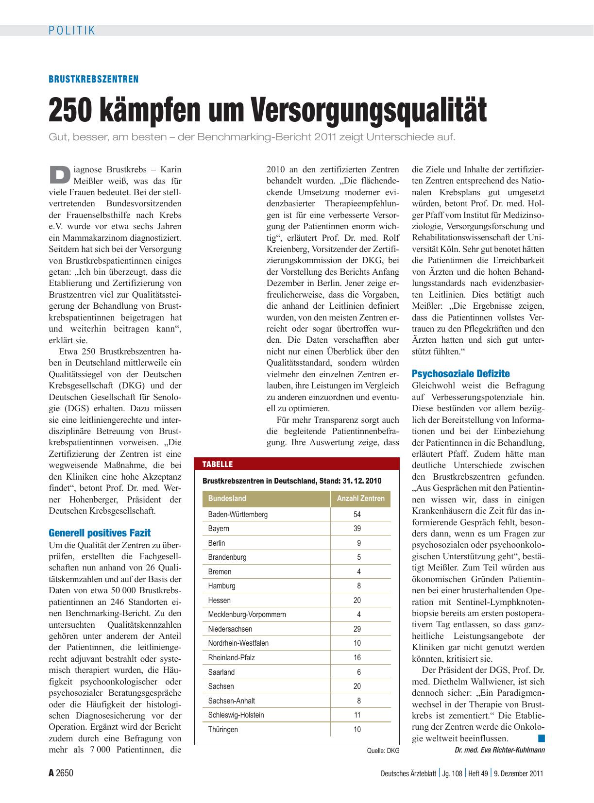 Vorschauseite 1: Brustkrebszentren: 250 kämpfen um Versorgungsqualität