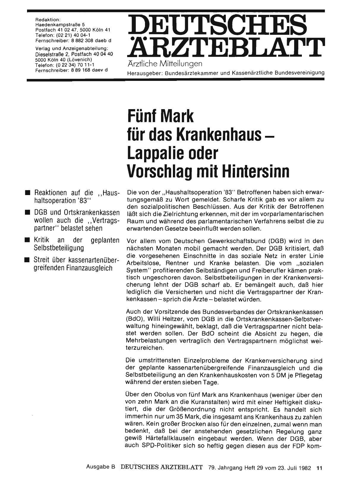 Vorschauseite 1: Fünf Mark für das Krankenhaus — Lappalie oder Vorschlag mit Hintersinn