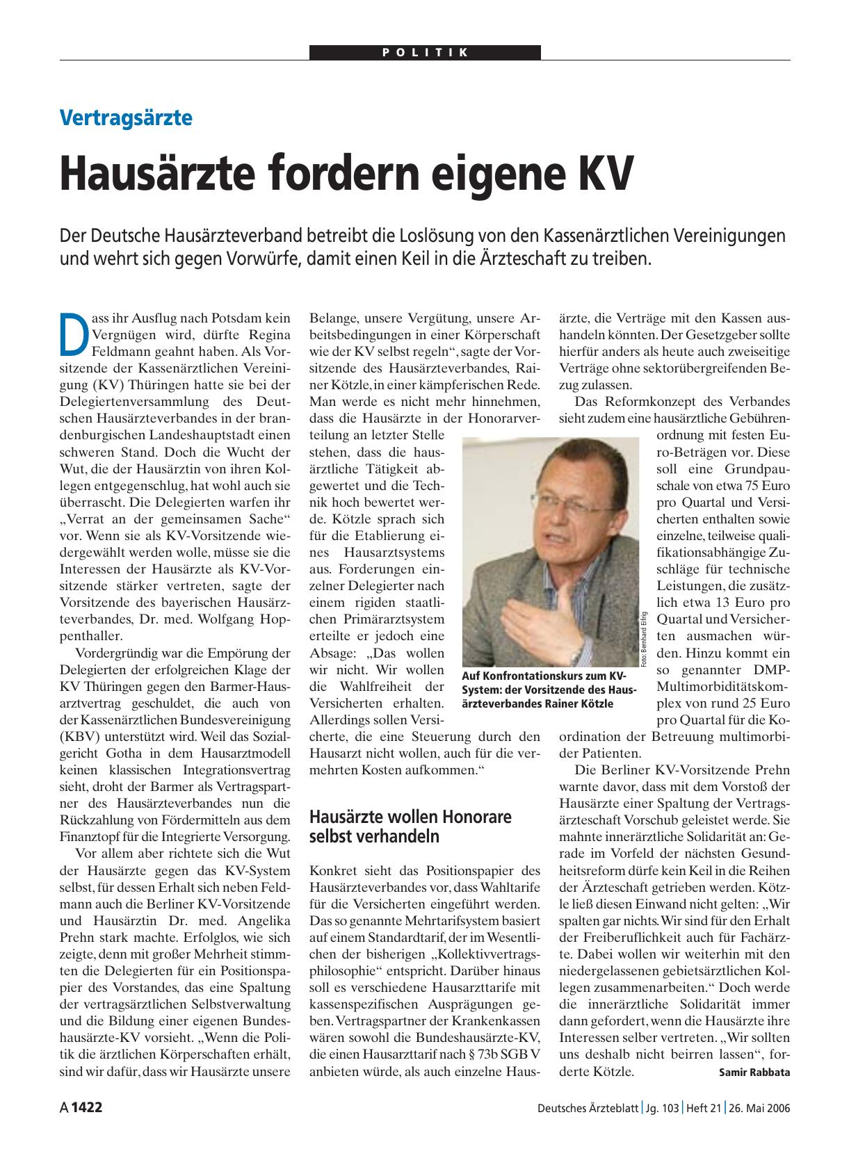 Vorschauseite 1: Vertragsärzte: Hausärzte fordern eigene KV