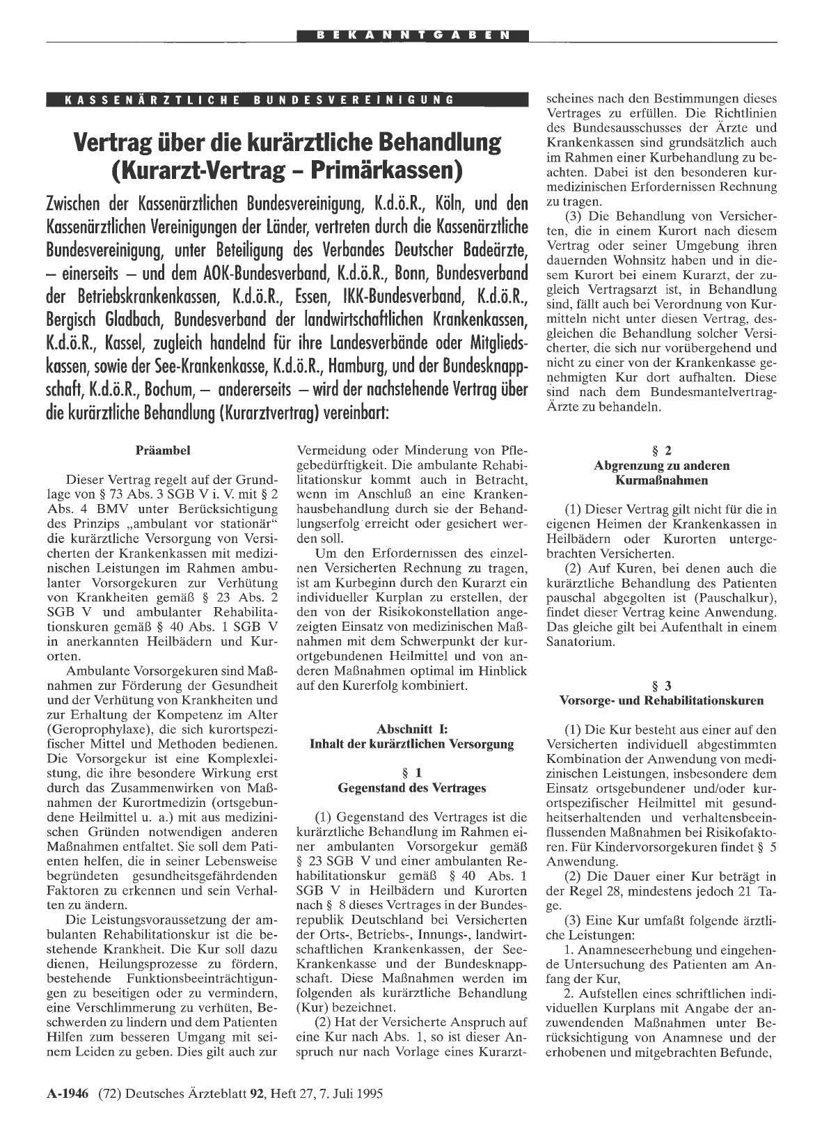 Vorschauseite 1: Vertrag über die kurärztliche Behandlung (Kurarzt-Vertrag - Primärkassen)