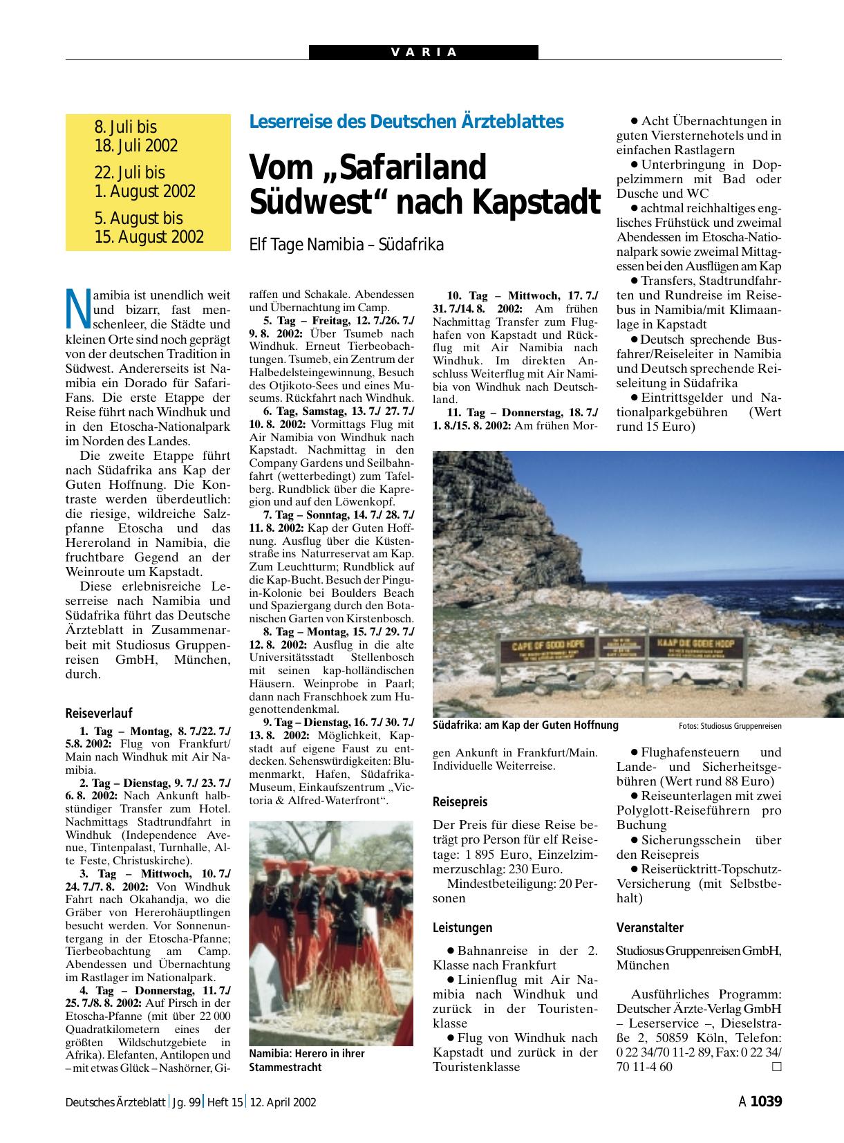 Vorschauseite 1: Leserreise des Deutschen Ärzteblattes: Vom „Safariland Südwest“ nach Kapstadt