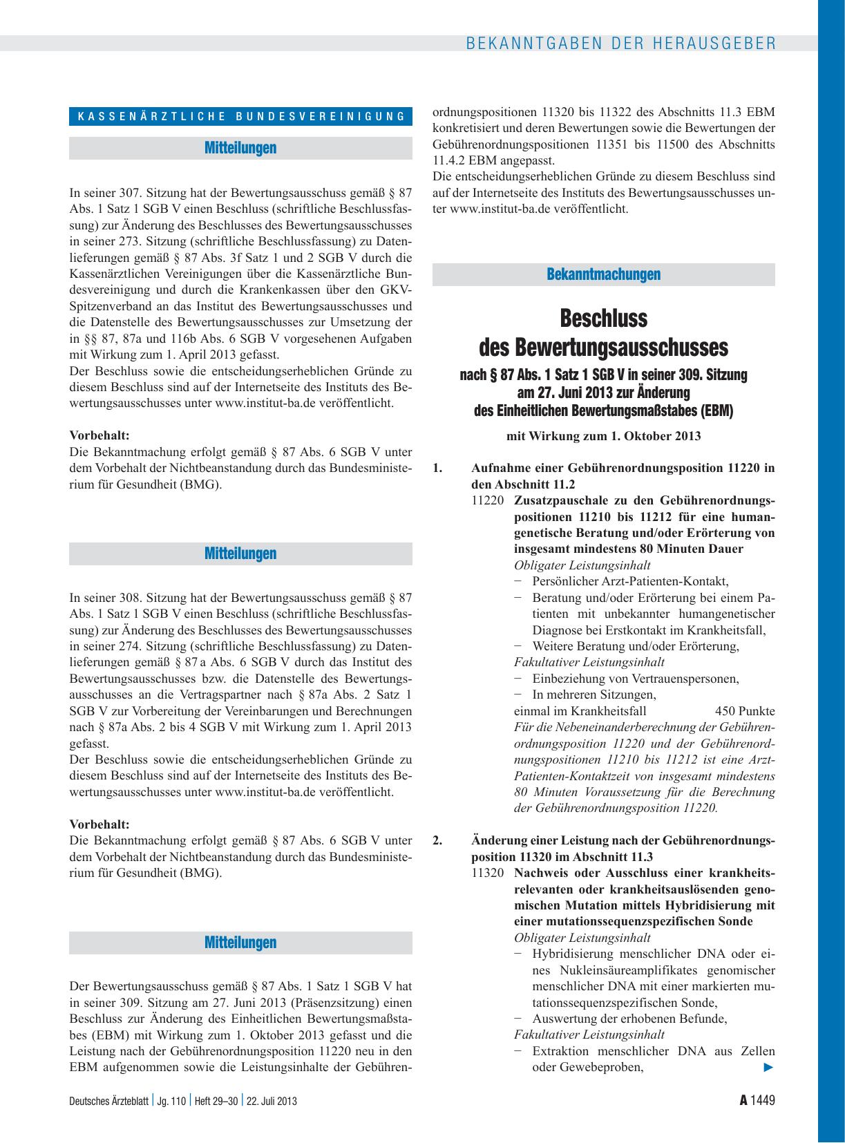 Vorschauseite 1: Beschluss des Bewertungsausschusses nach § 87 Abs. 1 Satz 1 SGB V in seiner 309. Sitzung am 27. Juni 2013 zur Änderung des Einheitlichen Bewertungsmaßstabes (EBM)