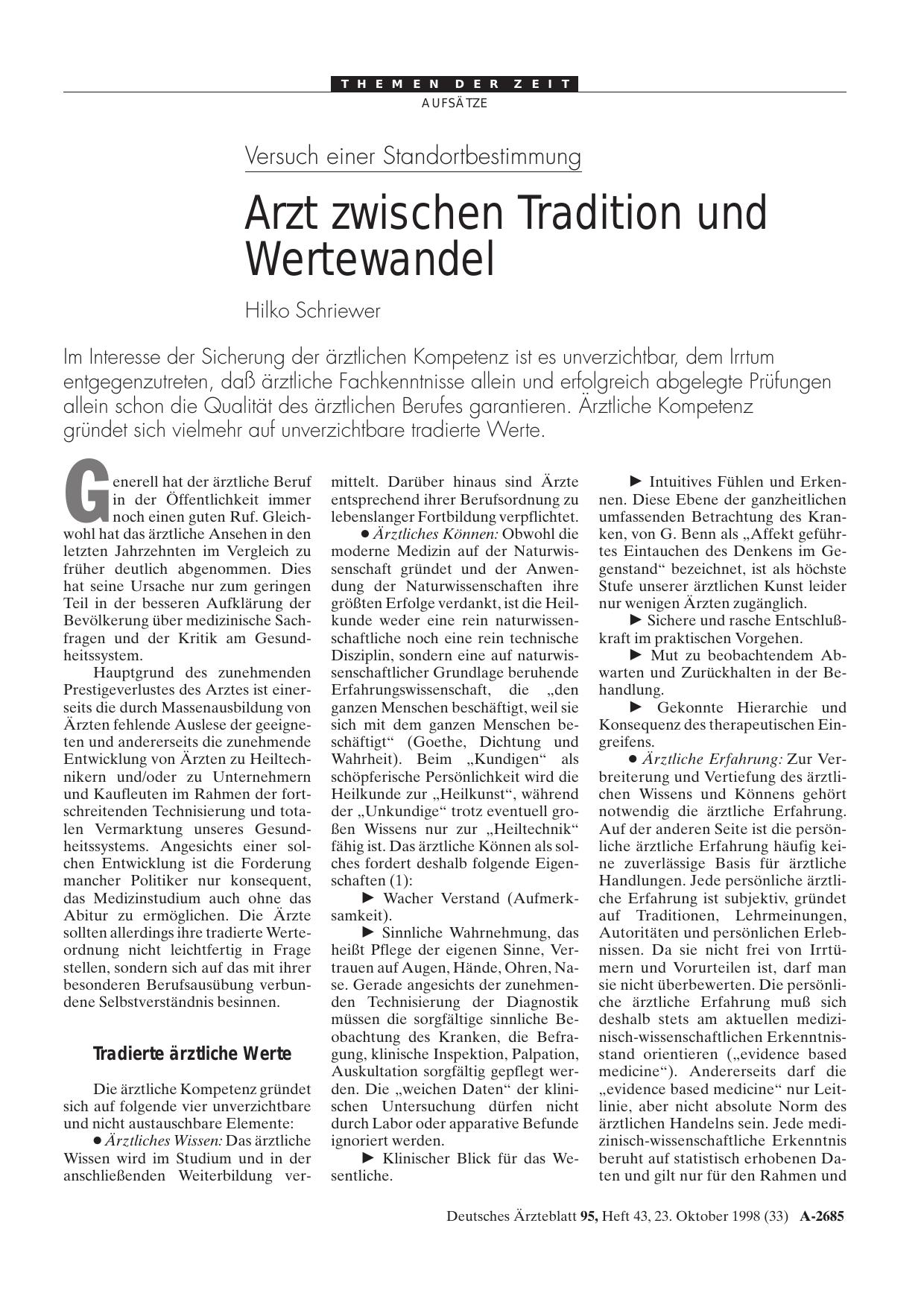 Vorschauseite 1: Versuch einer Standortbestimmung: Arzt zwischen Tradition und Wertewandel