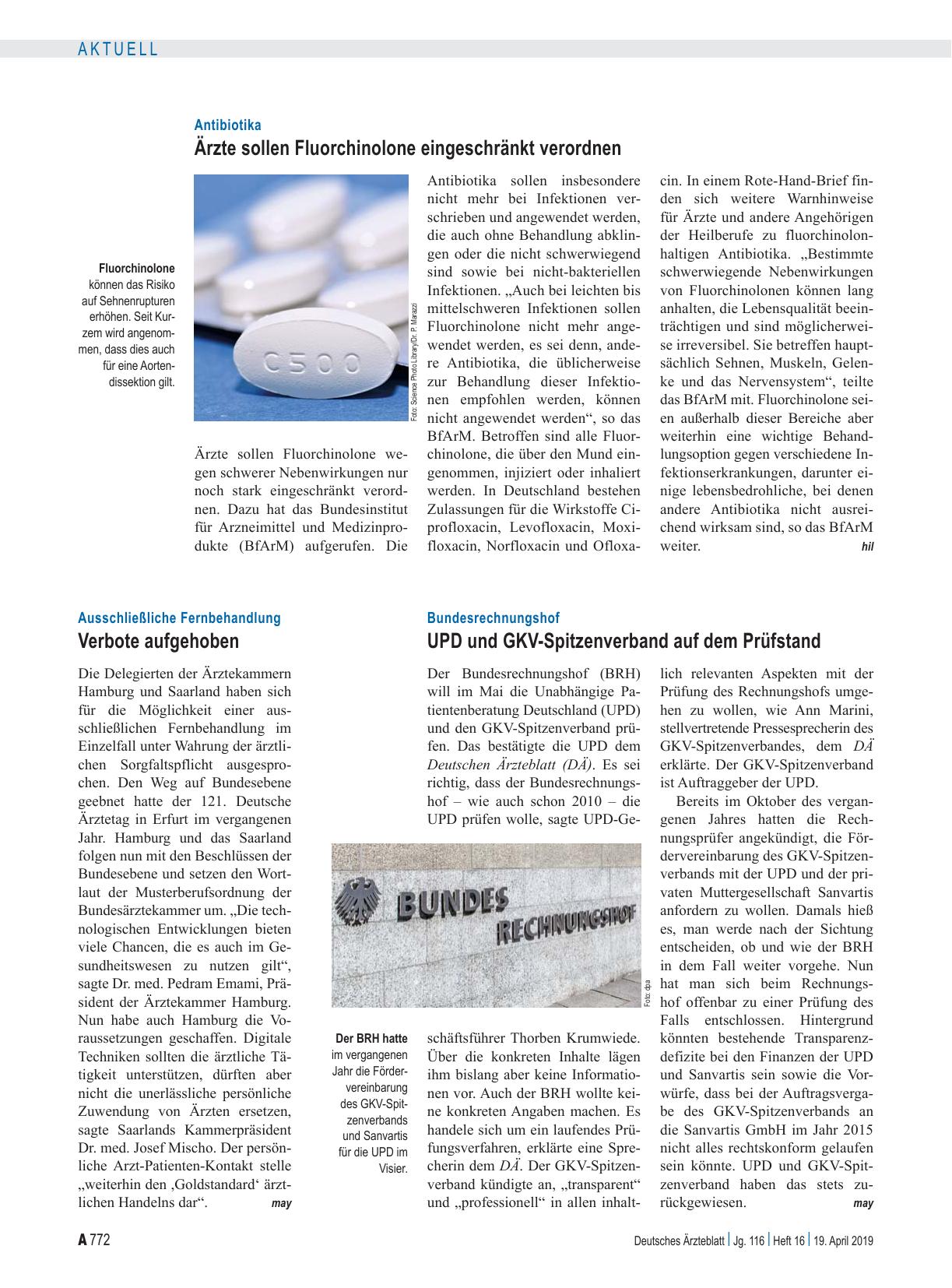 Vorschauseite 1: Antibiotika: Ärzte sollen Fluorchinolone eingeschränkt verordnen
