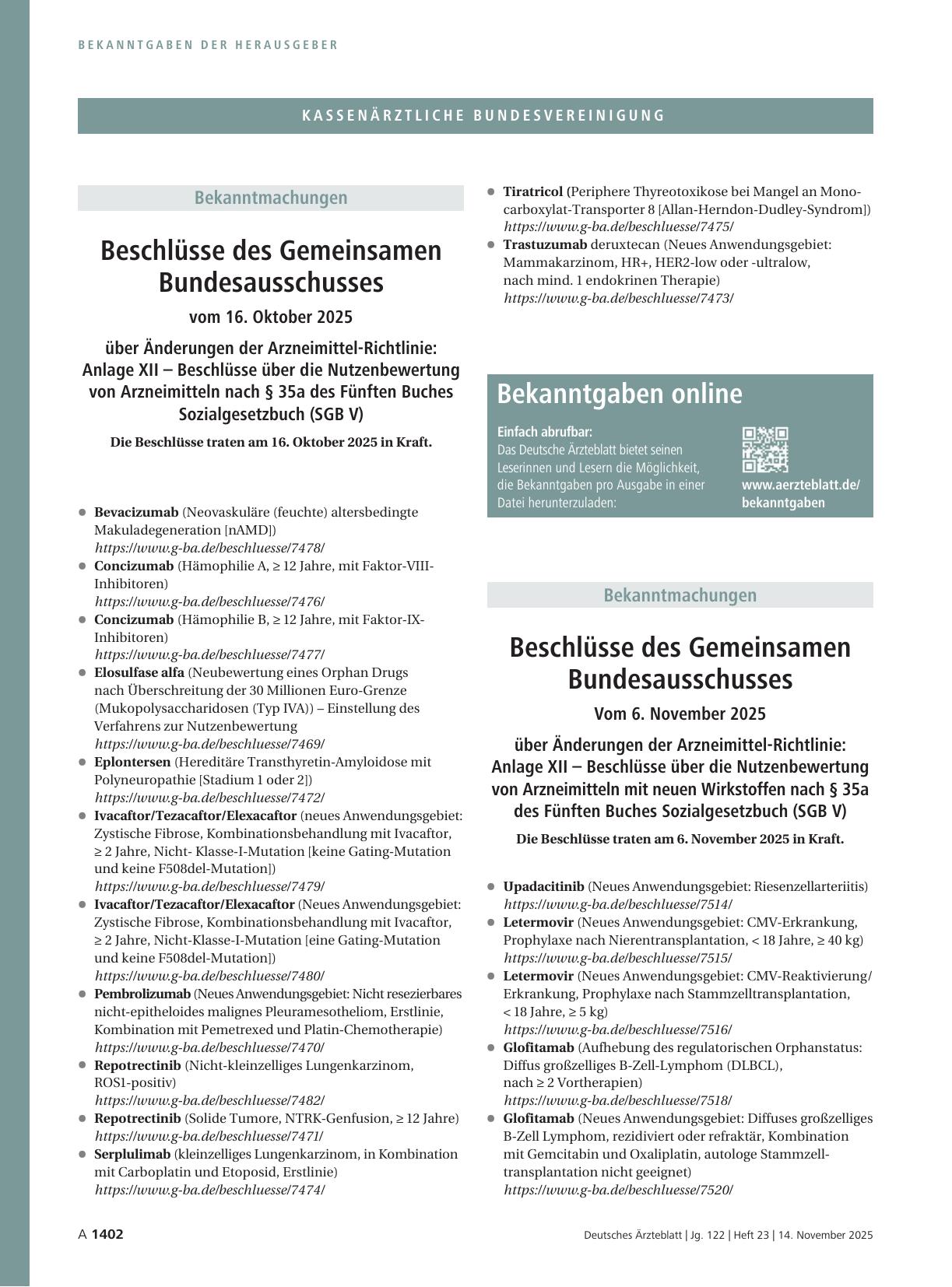 Vorschauseite 1: Beschlüsse des Gemeinsamen Bundesausschusses Vom 6. November 2025 über Änderungen der Arzneimittel-Richtlinie: Anlage XII – Beschlüsse über die Nutzenbewertung von Arzneimitteln m…