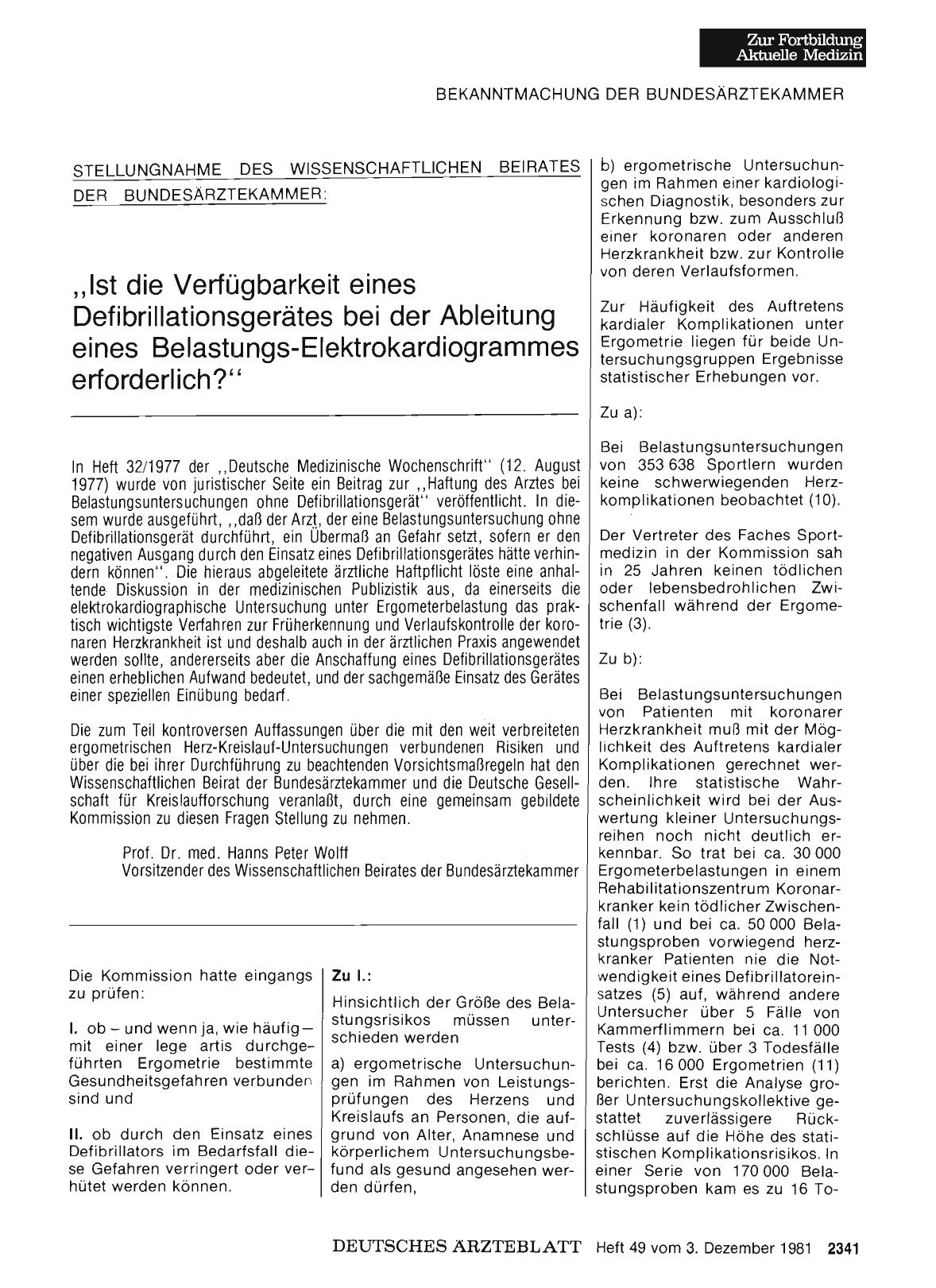 Vorschauseite 1: STELLUNGNAHME DES WISSENSCHAFTLICHEN BEIRATES DER BUNDESÄRZTEKAMMER: „Ist die Verfügbarkeit eines Defibrillationsgerätes bei der Ableitung eines Belastungs-Elektrokardiogrammes er…