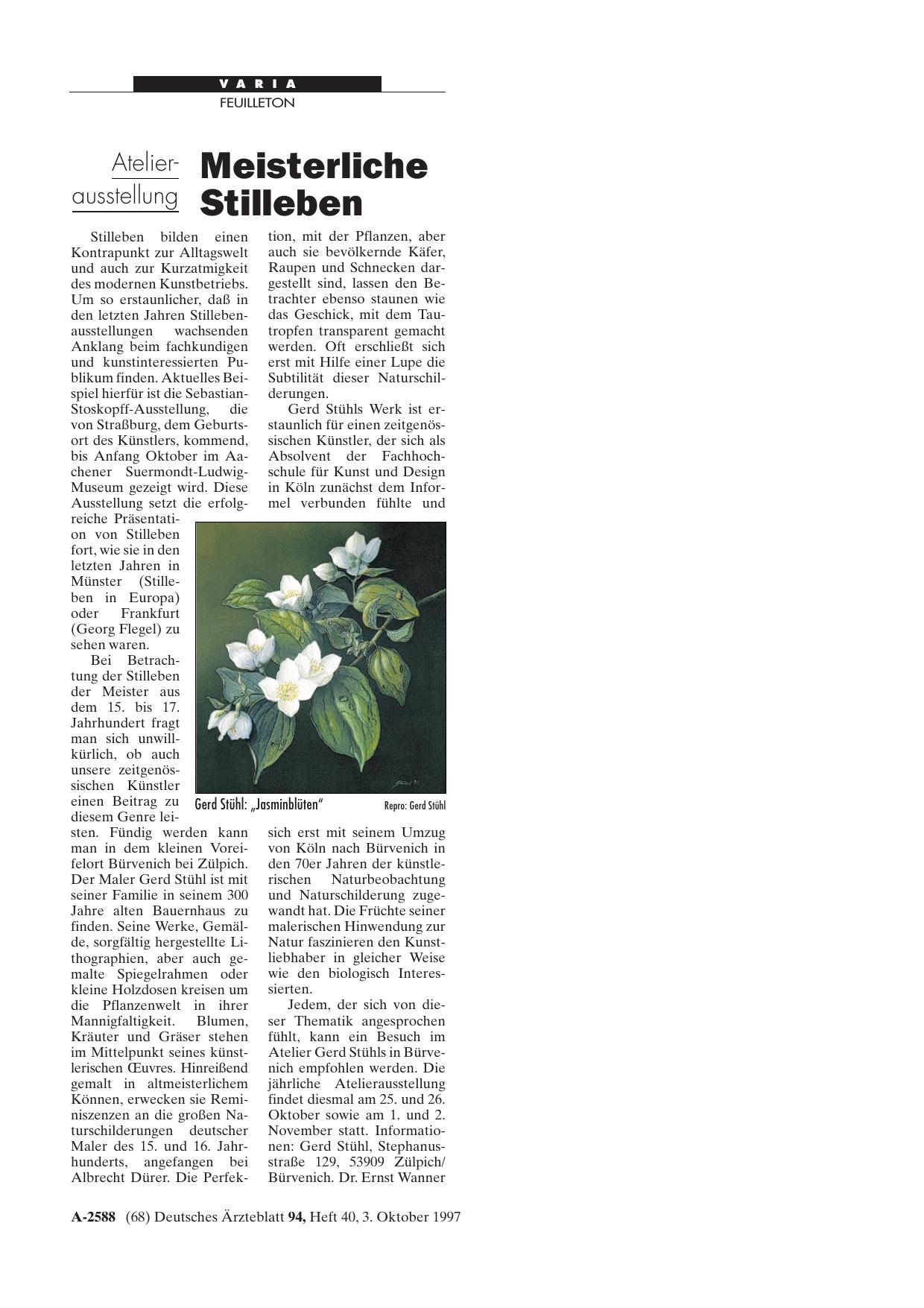 Vorschauseite 1: Atelierausstellung: Meisterliche Stilleben