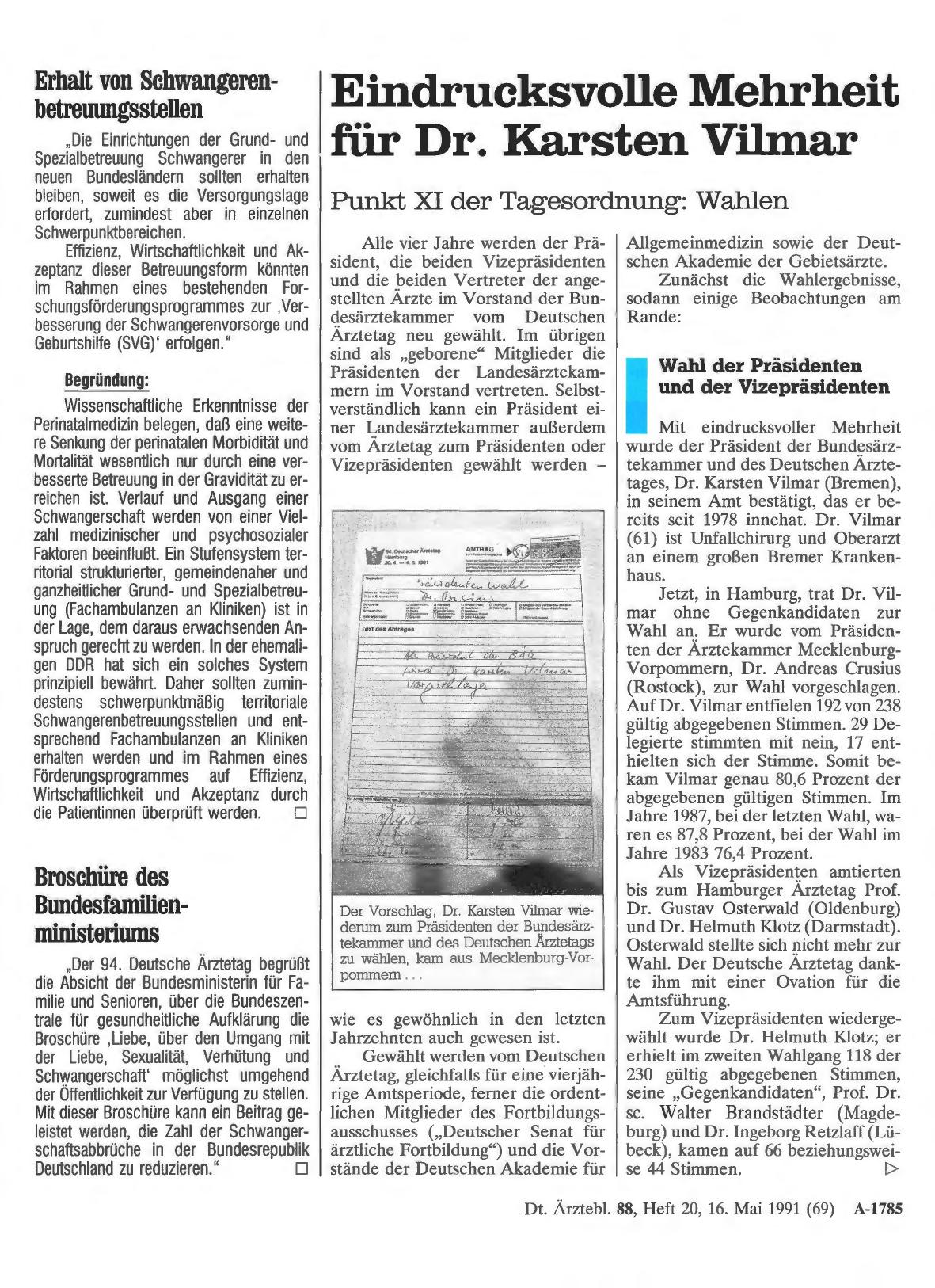 Vorschauseite 1: Eindrucksvolle Mehrheit für Dr. Karsten Vilmar: Punkt XI der Tagesordnung: Wahlen