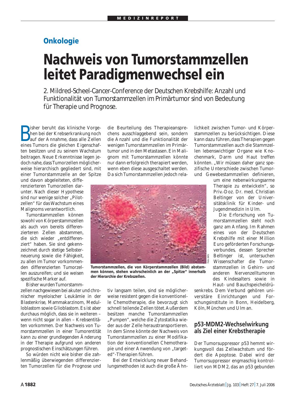 Vorschauseite 1: Onkologie: Nachweis von Tumorstammzellen leitet Paradigmenwechsel ein
