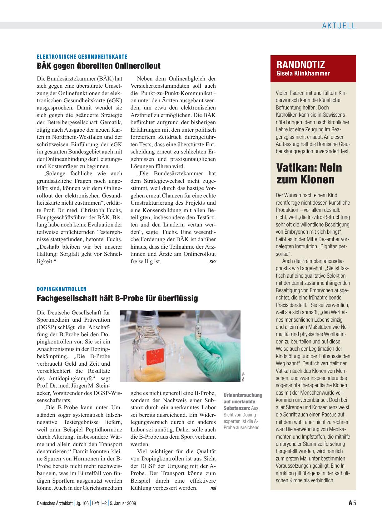 Vorschauseite 1: Dopingkontrollen: Fachgesellschaft hält B-Probe für überflüssig