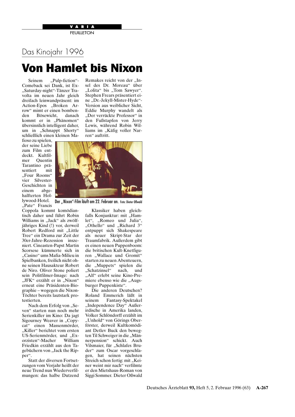 Vorschauseite 1: Das Kinojahr 1996: Von Hamlet bis Nixon
