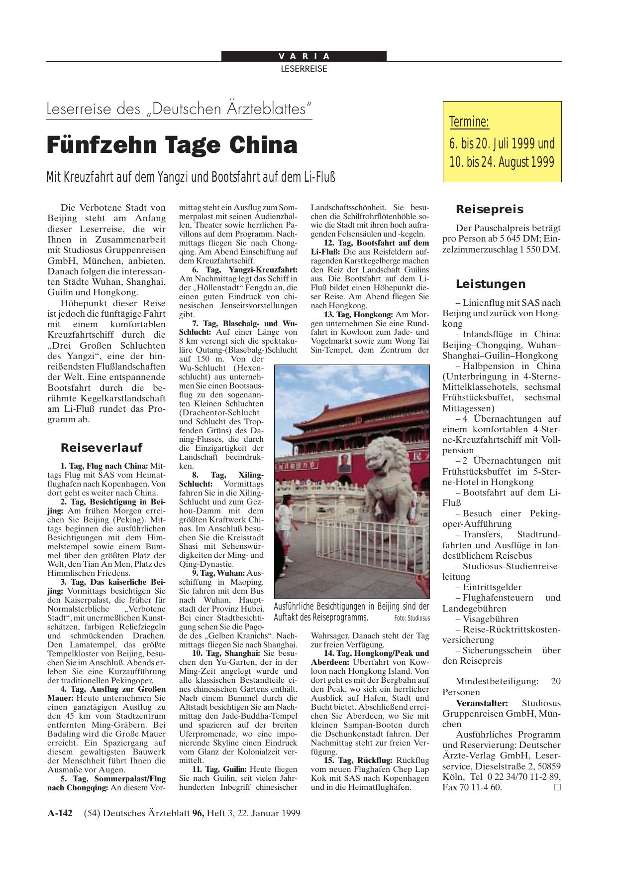 Vorschauseite 1: Leserreise des „Deutschen Ärzteblattes“: Fünfzehn Tage China