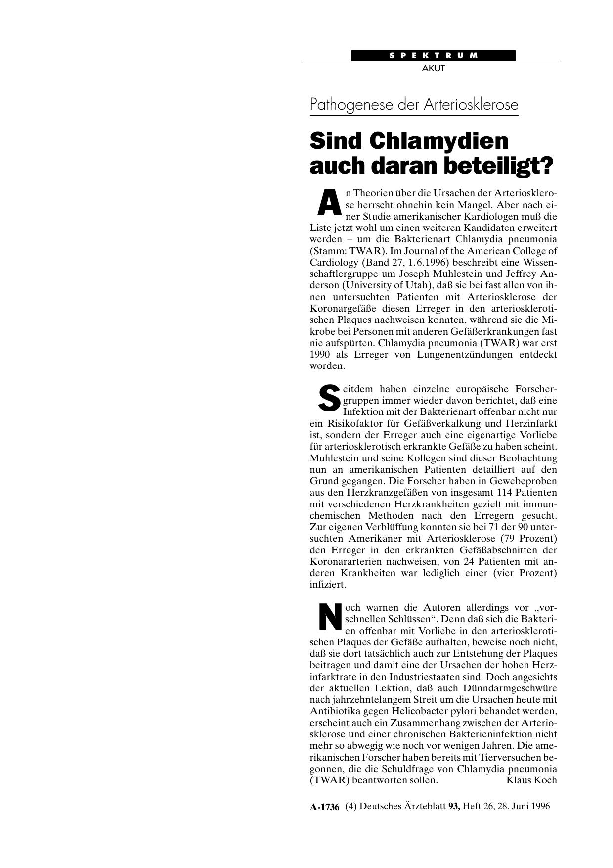 Vorschauseite 1: Pathogenese der Arteriosklerose: Sind Chlamydien auch daran beteiligt?