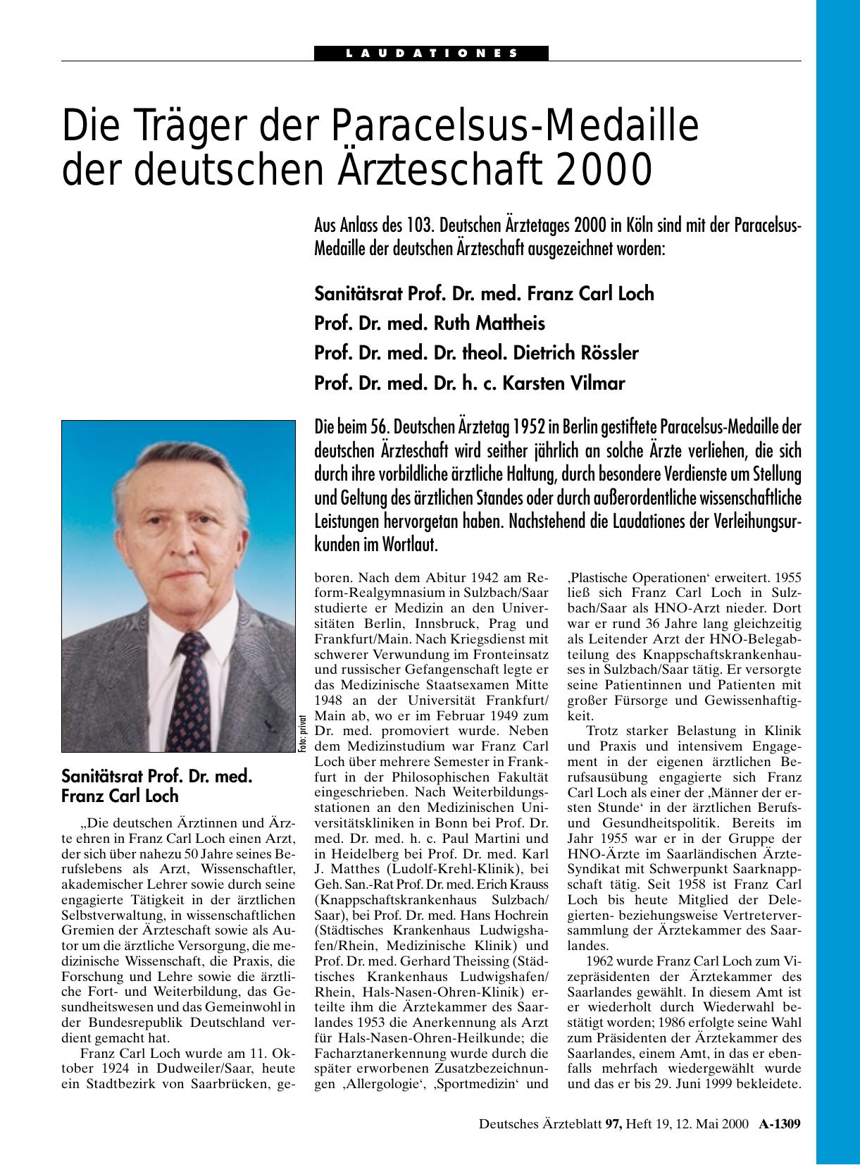 Vorschauseite 1: Die Träger der Paracelsus-Medaille der deutschen Ärzteschaft 2000