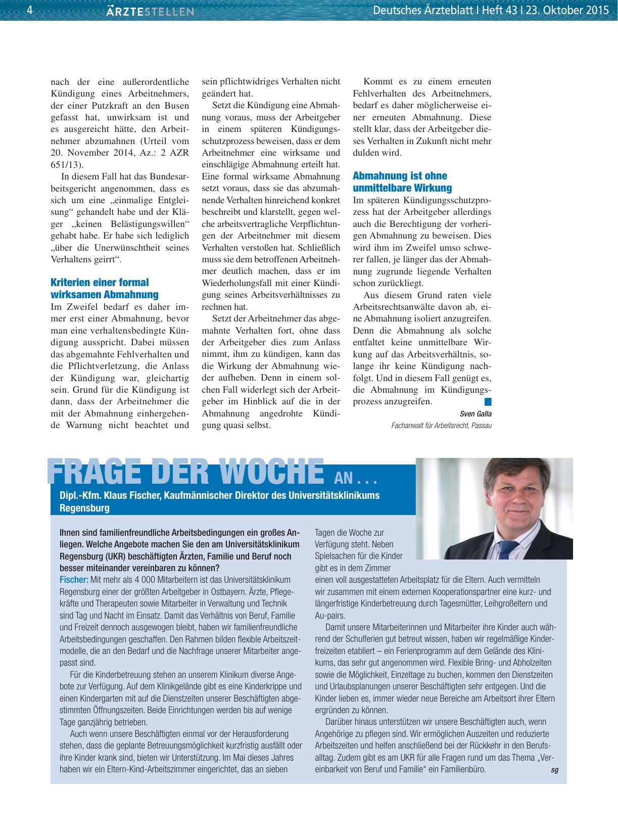 Vorschauseite 1: Frage der Woche an. .. Dipl. -Kfm. Klaus Fischer, Kaufmännischer Direktor des Universitätsklinikums Regensburg