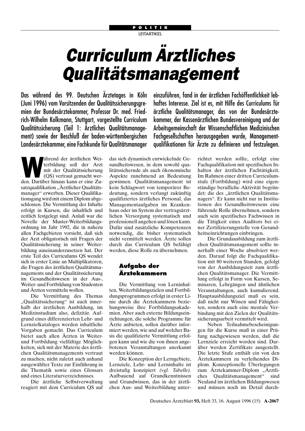 Vorschauseite 1: Curriculum Ärztliches Qualitätsmanagement