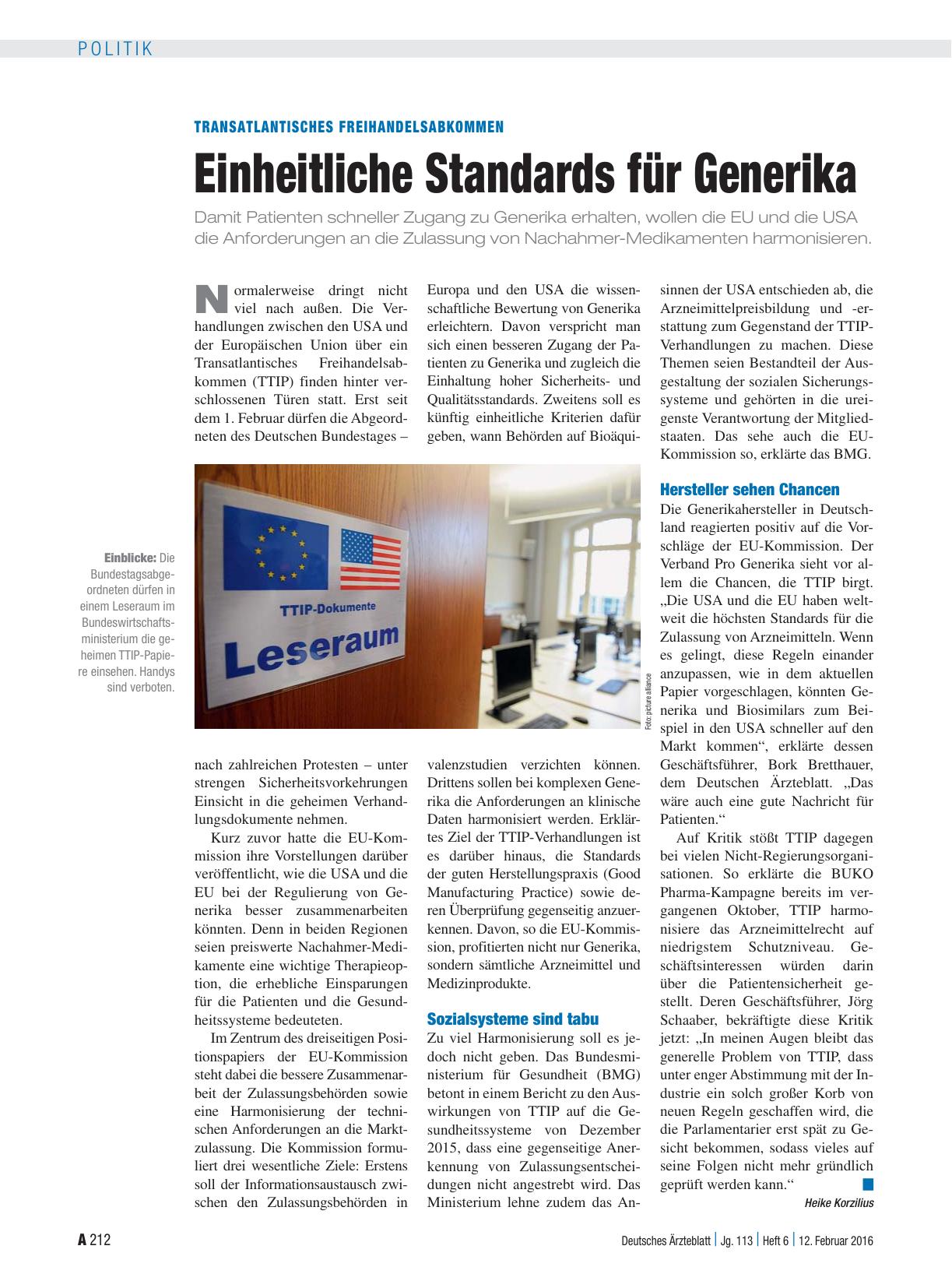 Vorschauseite 1: Transatlantisches Freihandelsabkommen: Einheitliche Standards für Generika