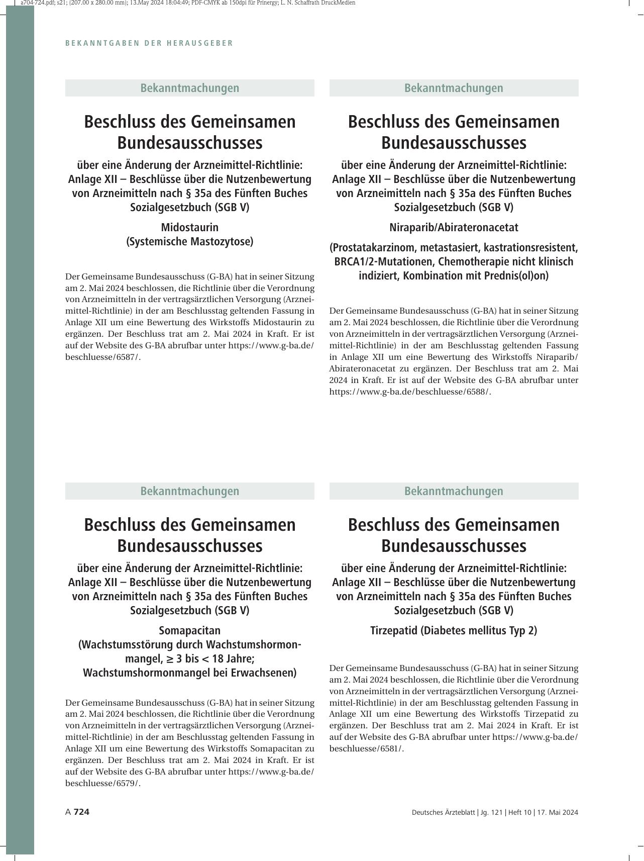 Vorschauseite 1: Beschluss des Gemeinsamen Bundesausschusses über eine Änderung der Arzneimittel-Richtlinie: Somapacitan (Wachstumsstörung durch Wachstumshormonmangel, ≥ 3 bis < 18 Jahre; Wachstum…
