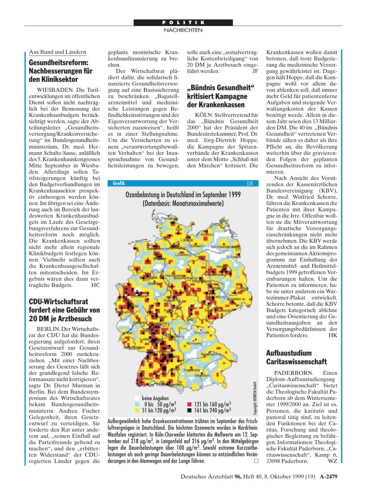 Vorschauseite 1: CDU-Wirtschaftsrat fordert eine Gebühr von 20 DM je Arztbesuch