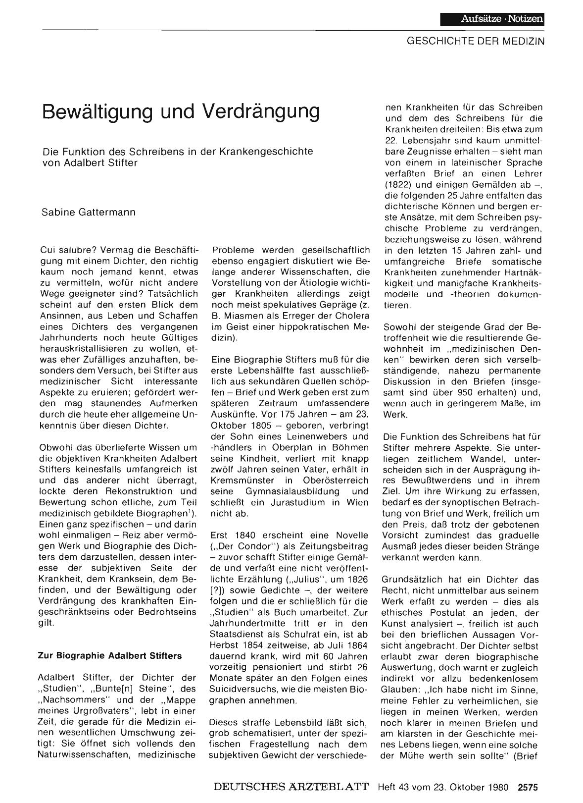 Vorschauseite 1: Bewältigung und Verdrängung: Die Funktion des Schreibens in der Krankengeschichte von Adalbert Stifter