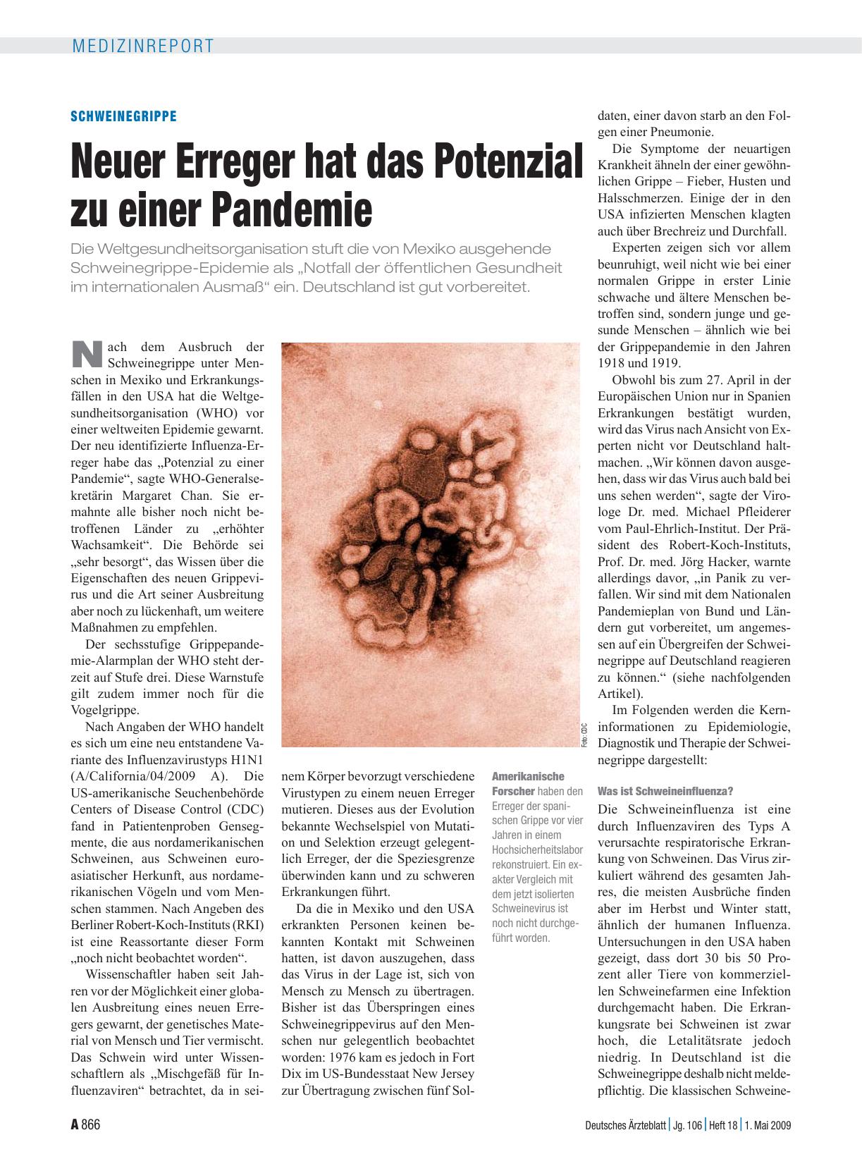 Vorschauseite 1: Schweinegrippe: Neuer Erreger hat das Potenzial zu einer Pandemie