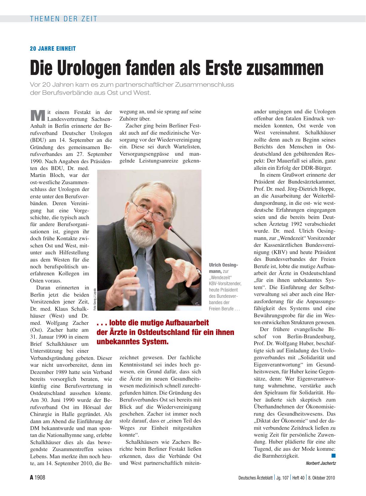 Vorschauseite 1: 20 Jahre Einheit: Die Urologen fanden als Erste zusammen