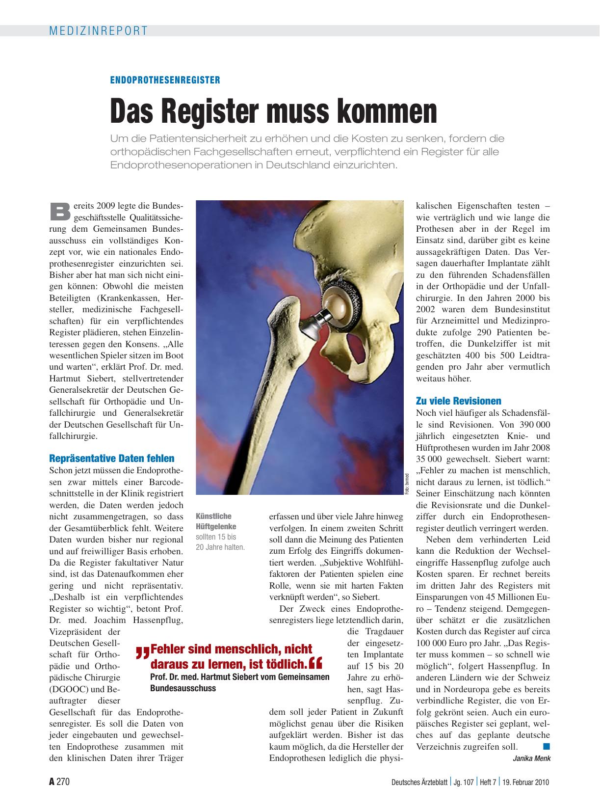 Vorschauseite 1: Endoprothesenregister: Das Register muss kommen
