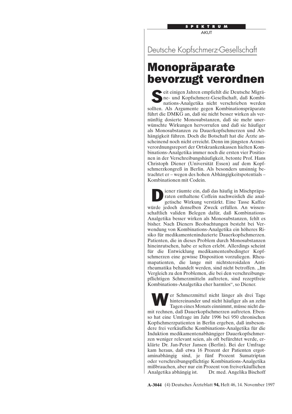 Vorschauseite 1: Deutsche Kopfschmerz-Gesellschaft: Monopräparate bevorzugt verordnen