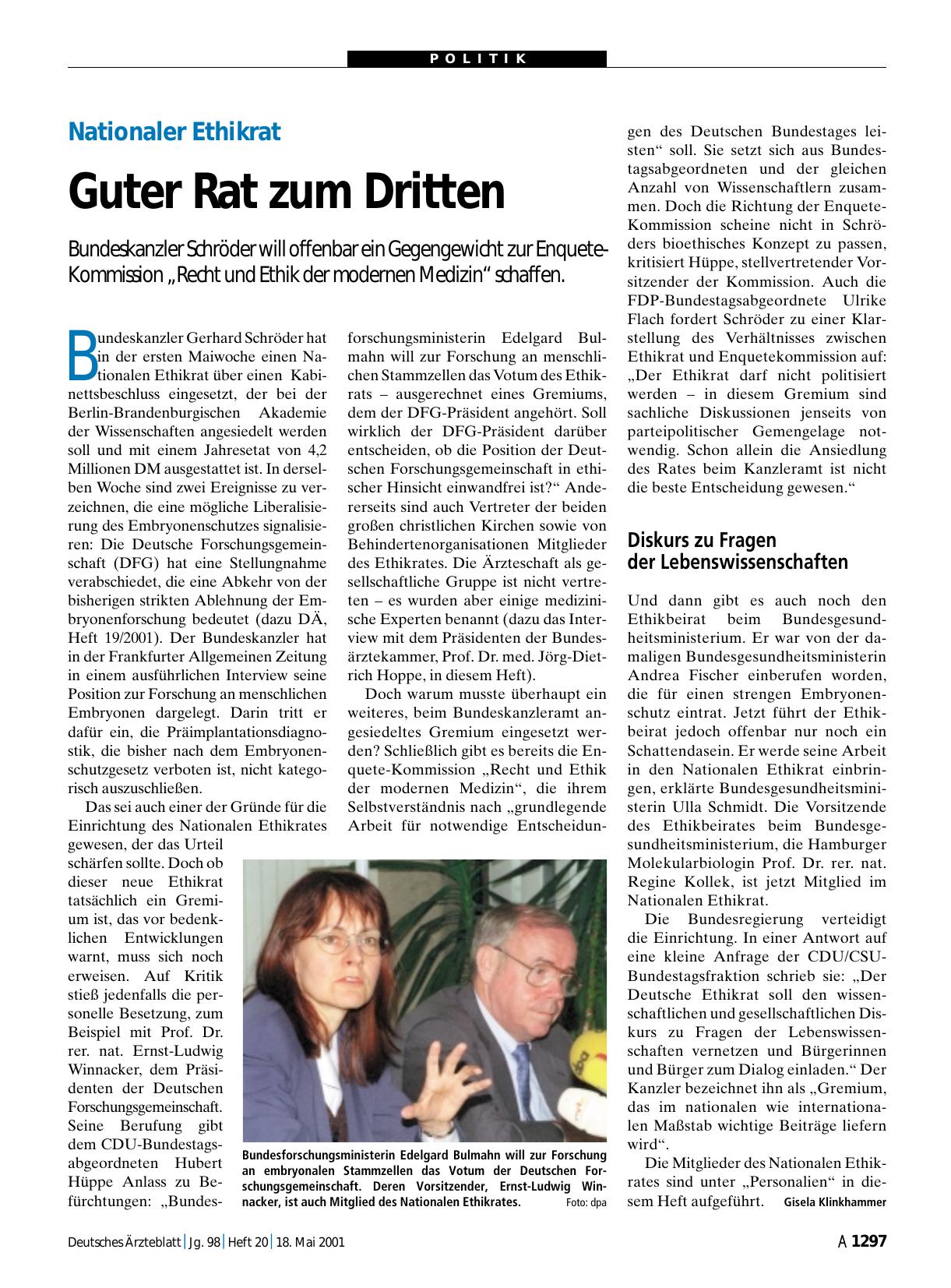 Vorschauseite 1: Nationaler Ethikrat: Guter Rat zum Dritten