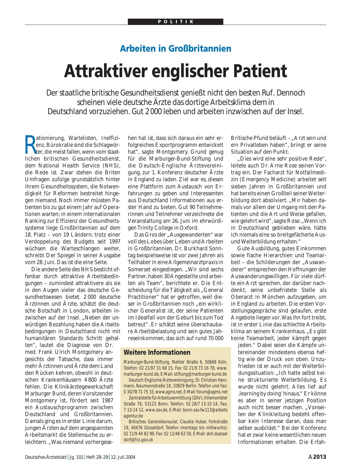 Vorschauseite 1: Arbeiten in Großbritannien: Attraktiver englischer Patient