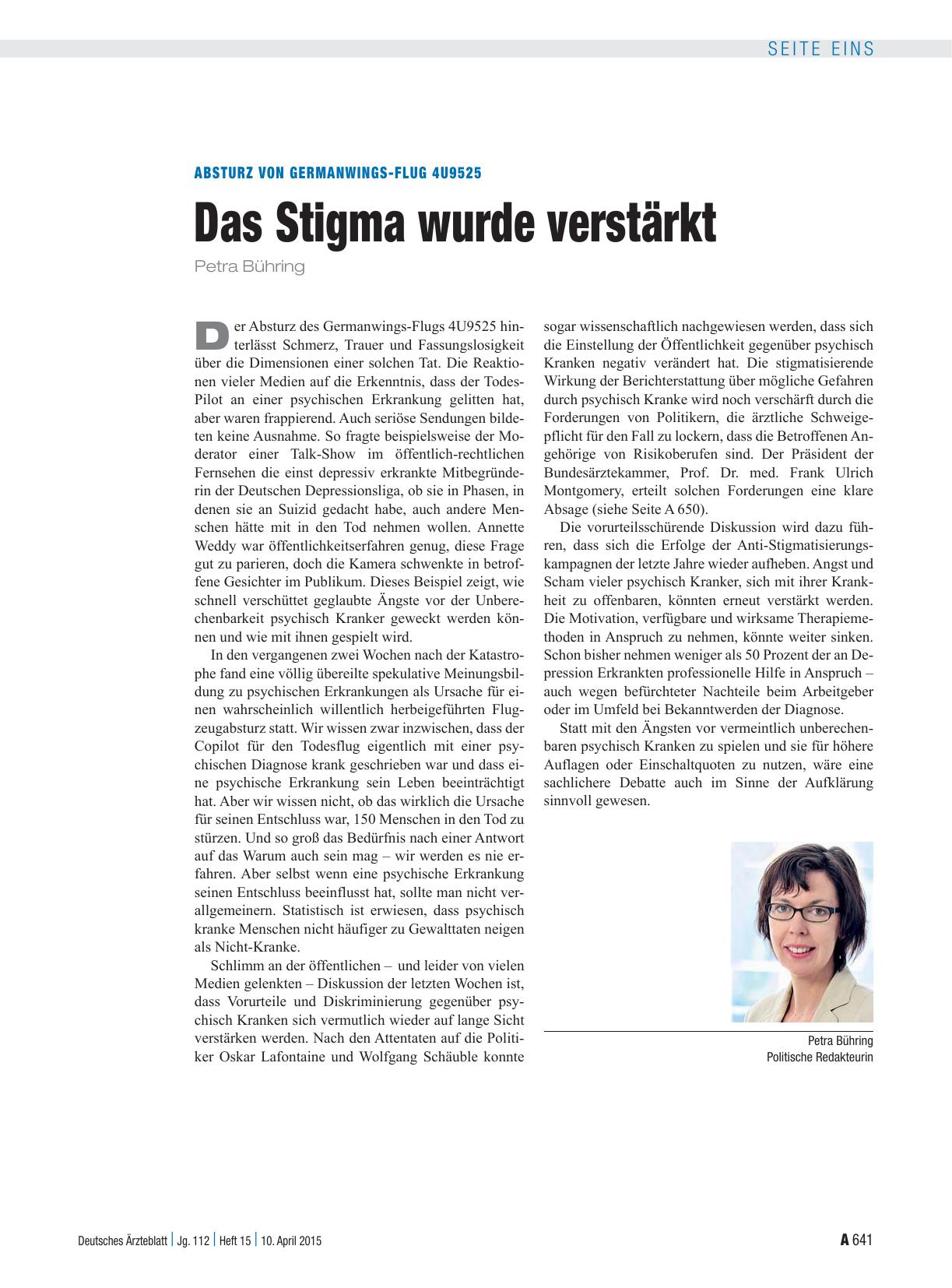 Vorschauseite 1: Absturz von Germanwings-Flug 4U9525: Das Stigma wurde verstärkt