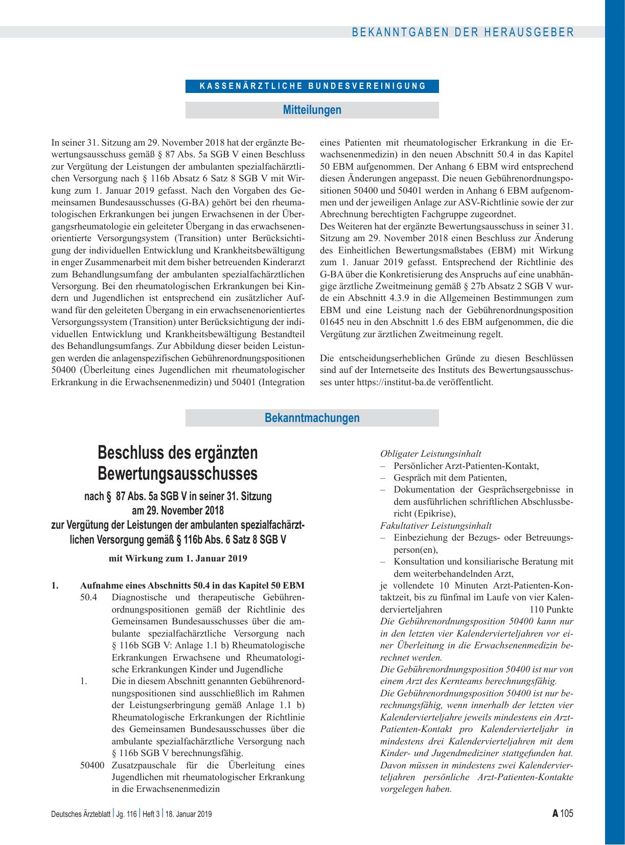 Vorschauseite 1: Beschluss des ergänzten Bewertungsausschusses zur Vergütung der Leistungen der ambulanten spezialfachärztlichen Versorgung