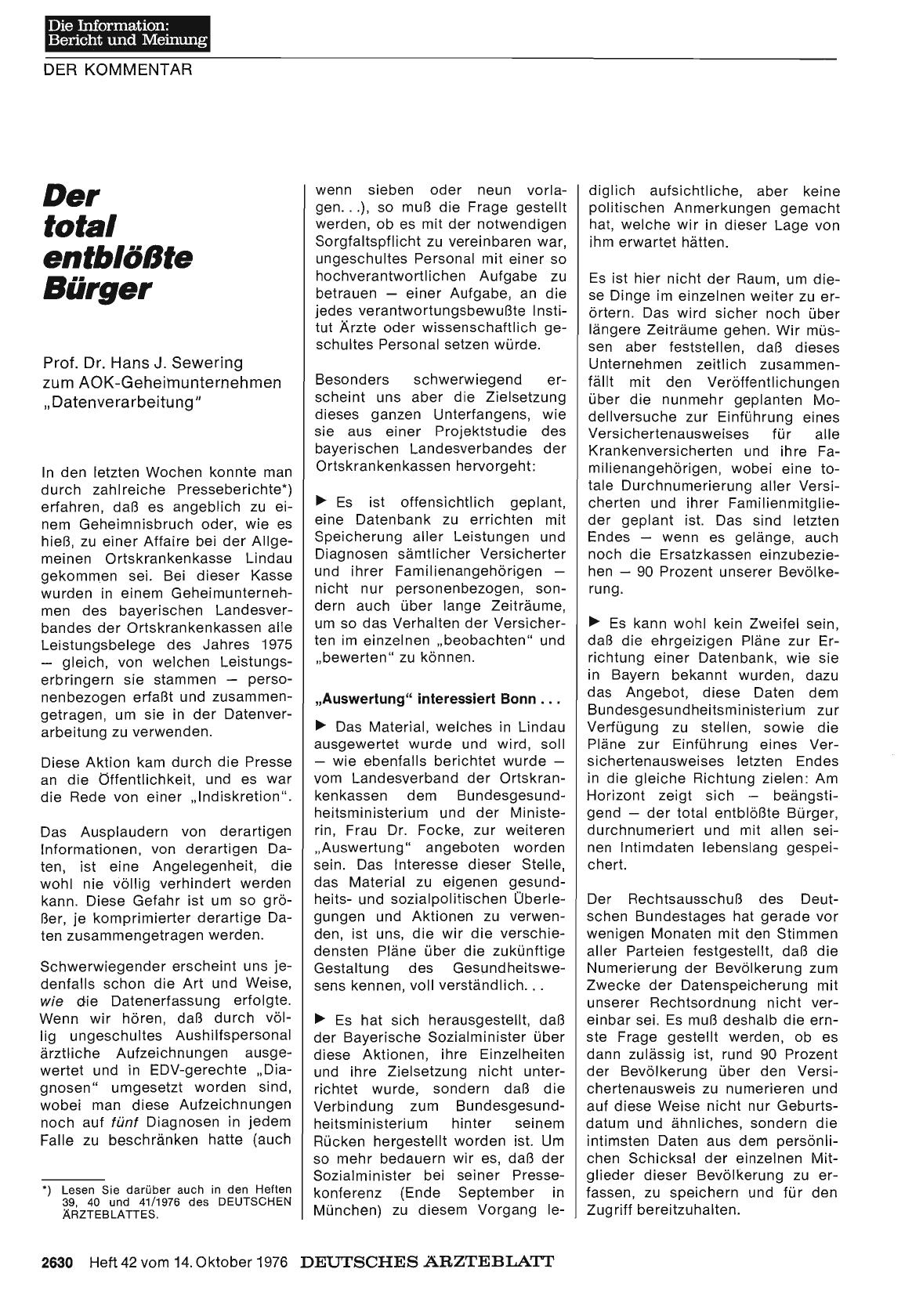 Vorschauseite 1: Der total entblößte Bürger: Prof. Dr. Hans J. Sewering zum AOK-Geheimunternehmen „Datenverarbeitung“